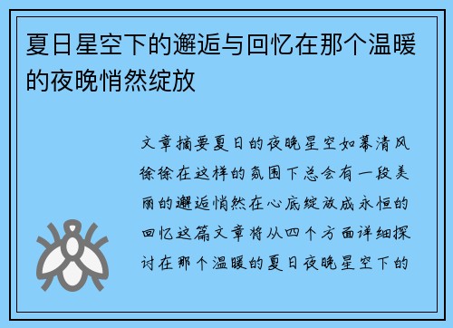 夏日星空下的邂逅与回忆在那个温暖的夜晚悄然绽放